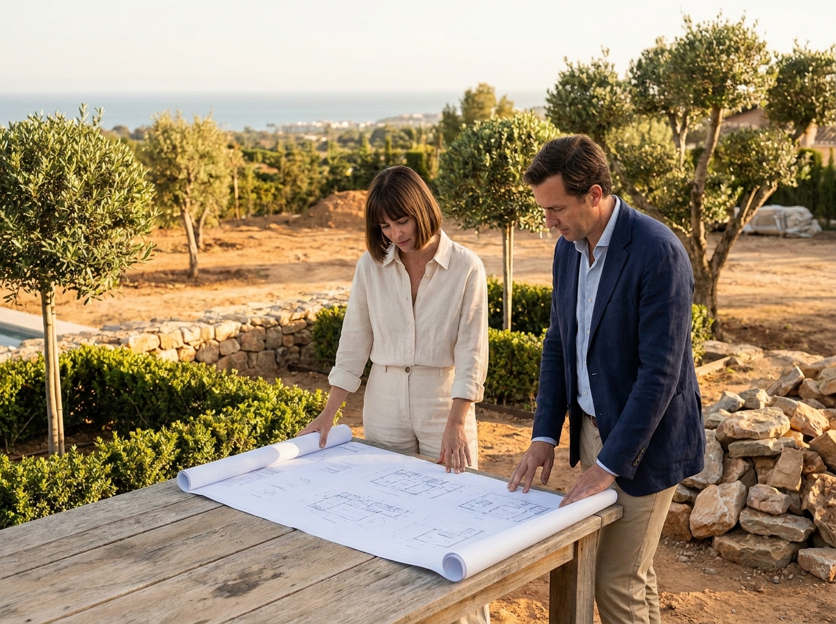 PRANA landscape designers reviewing garden plans on-site near Marbella