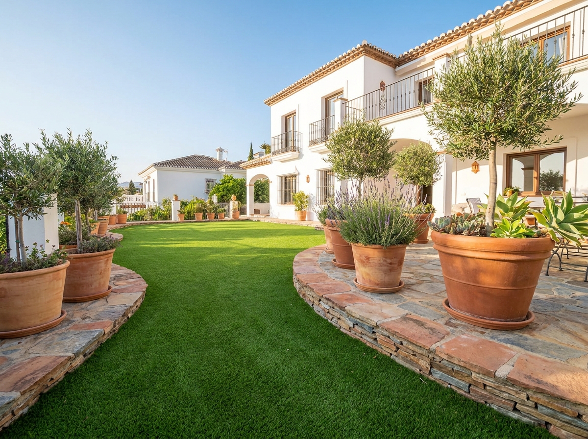 Villa backyard in Calahonda after landscaping — premium artificial turf