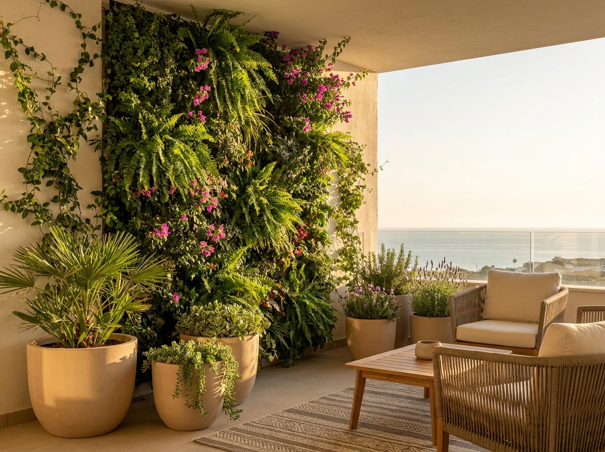 Apartment terrace in Cancelada after landscaping — living wall and lightweight planting