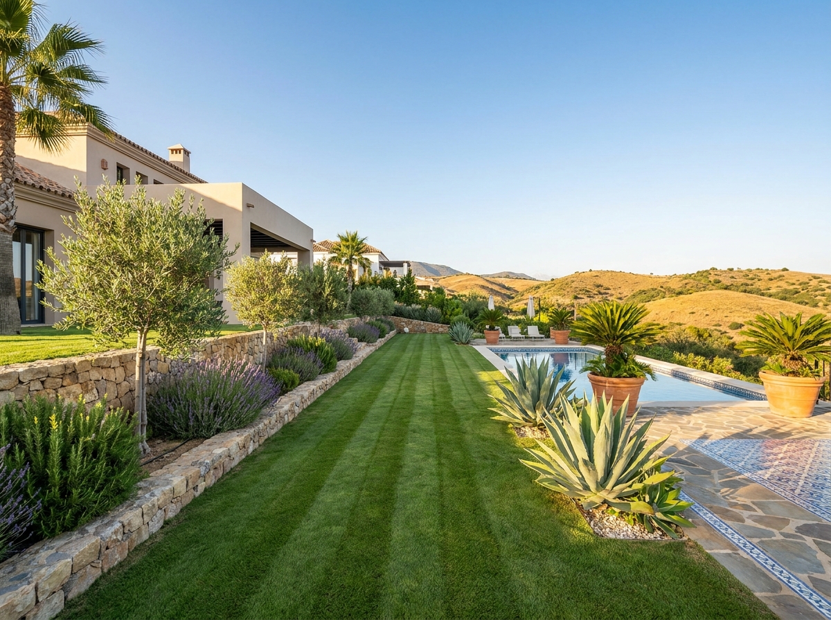 Villa plot in La Quinta after landscaping — full garden, lawn and pool terrace