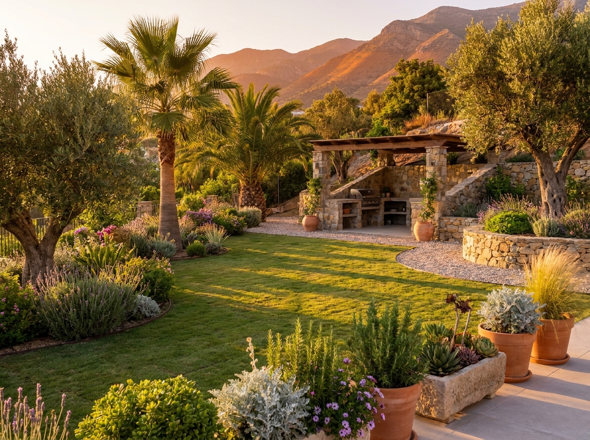 Villa garden in Mijas Costa after restoration — full garden with barbecue area