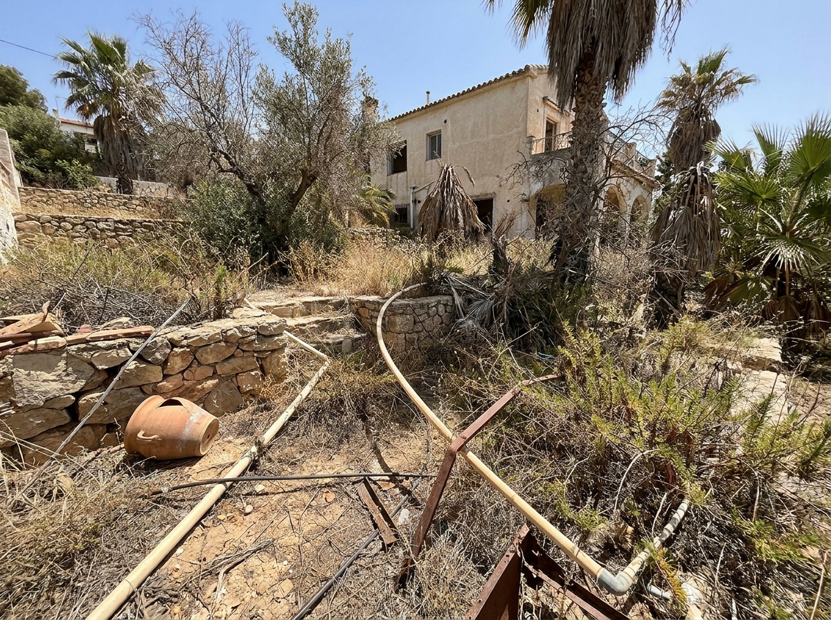 Villa garden in Mijas Costa before restoration — overgrown and neglected
