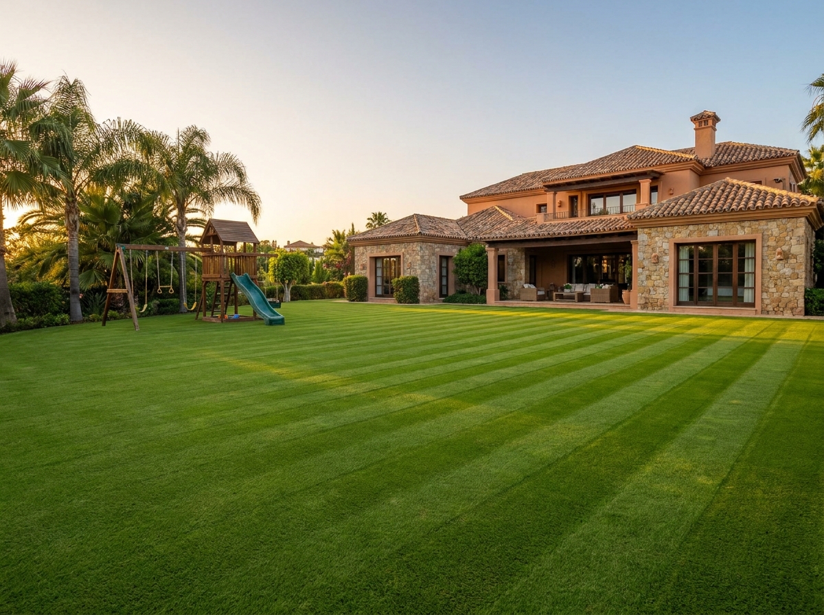 Villa lawn in Sierra Blanca after restoration — dense even green grass