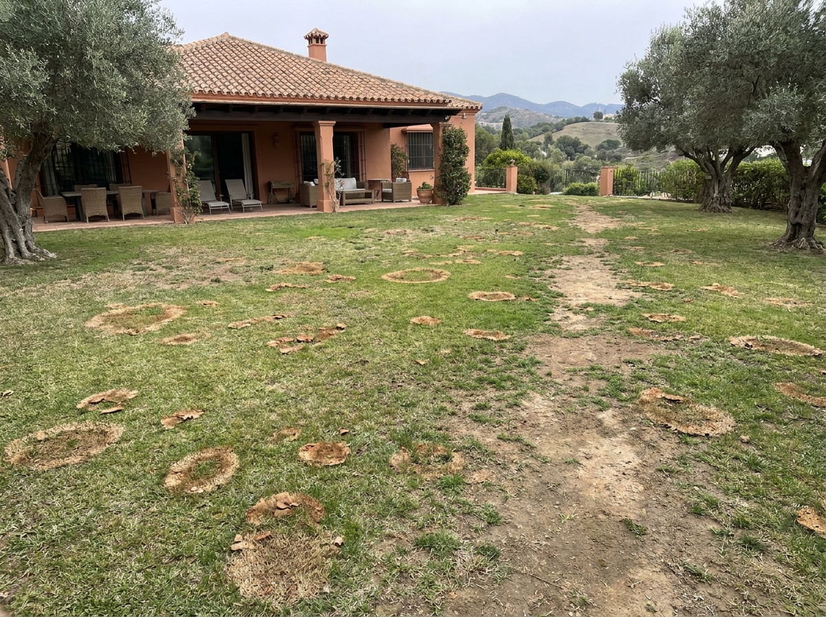 Villa lawn in Sierra Blanca before restoration — worn, diseased patches
