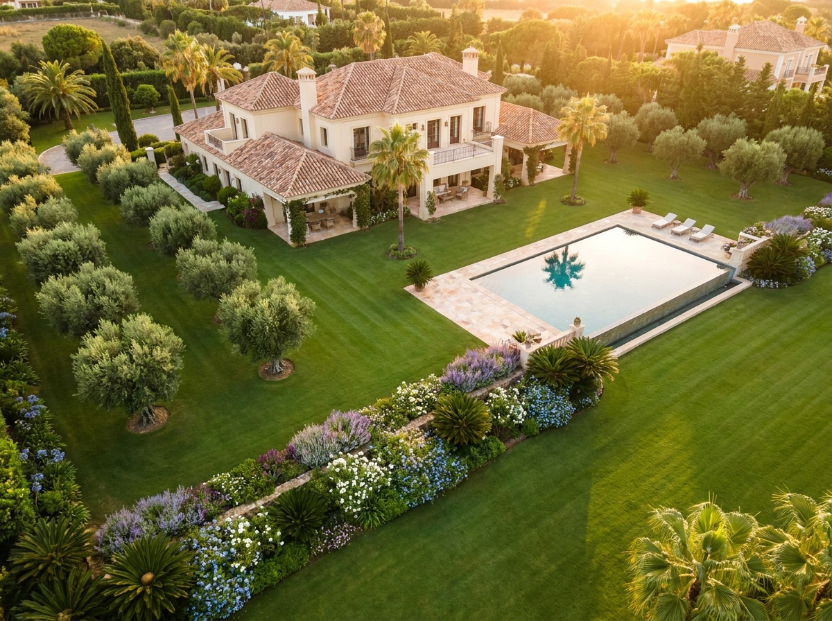 Sotogrande estate grounds after PRANA maintenance — impeccable lawn, olive grove and pool