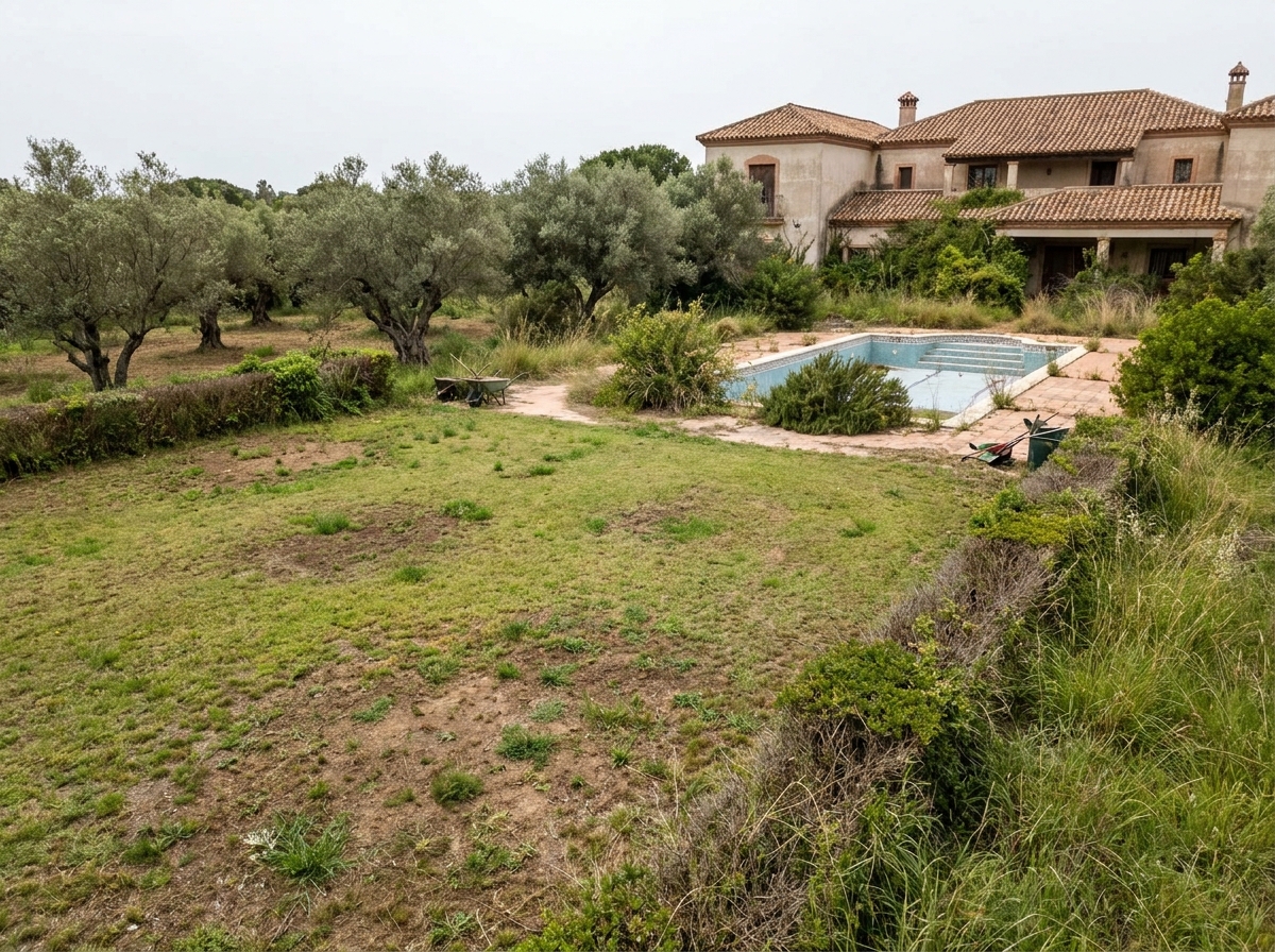 Sotogrande estate grounds before PRANA maintenance — inconsistent upkeep