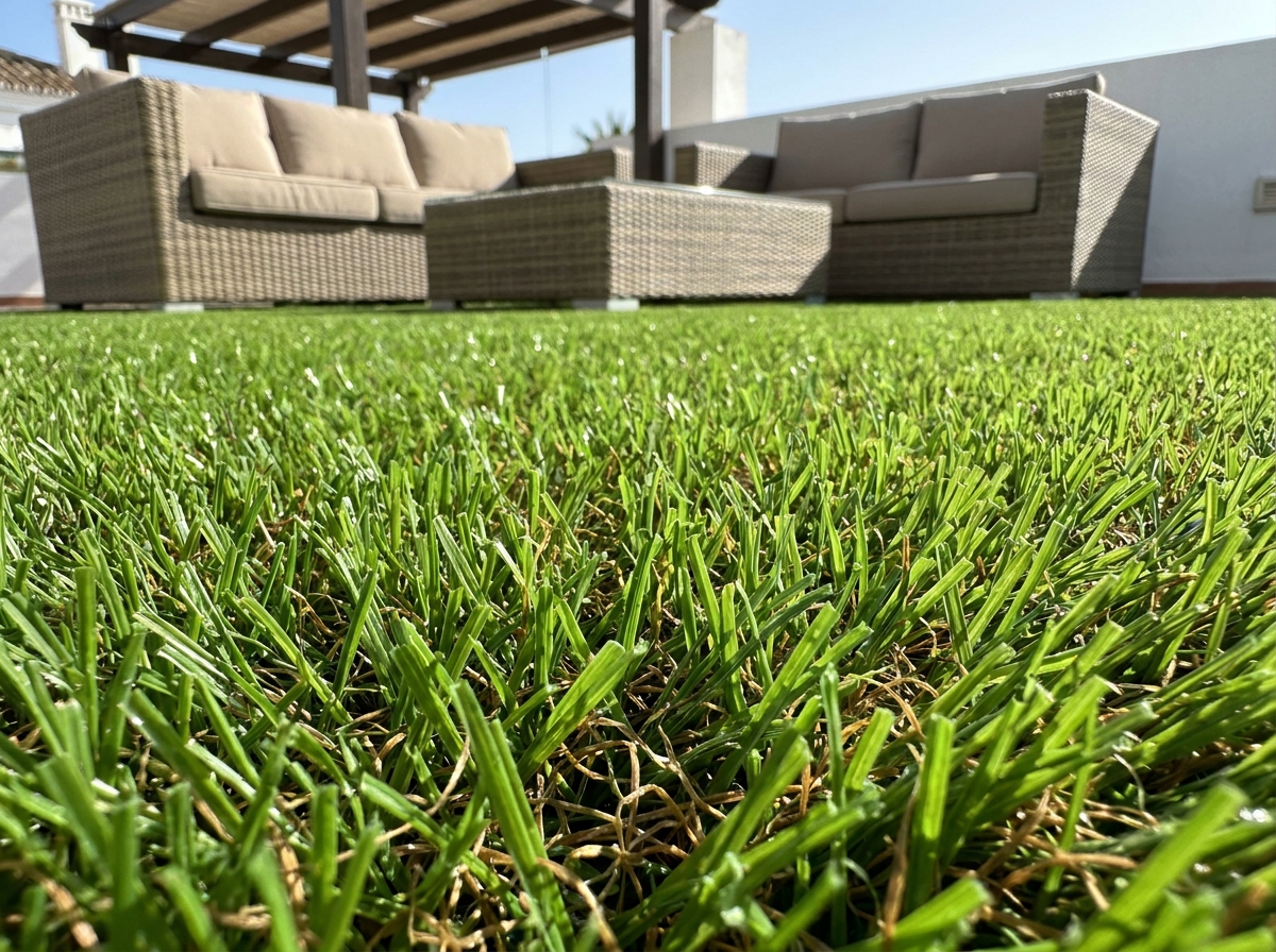 Premium artificial turf texture on a Puerto Banús rooftop terrace