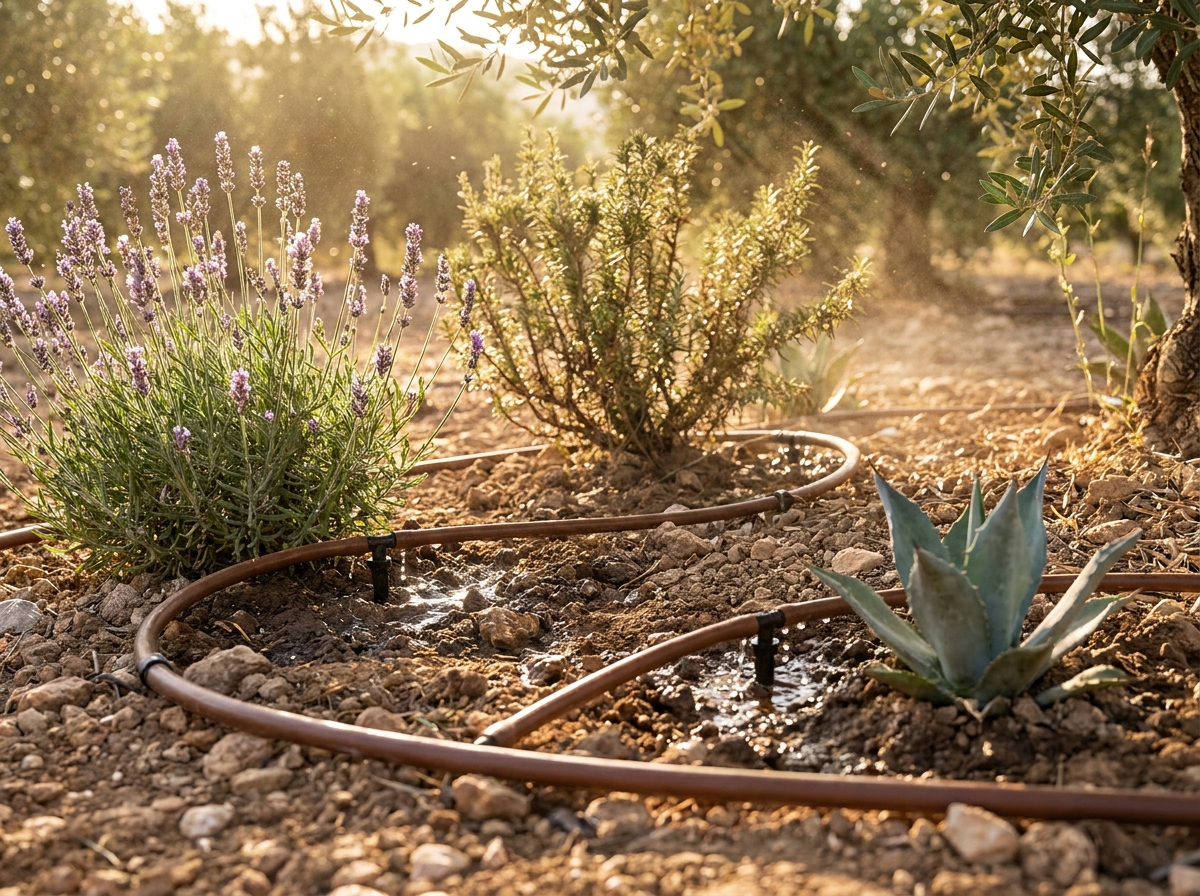 Drip irrigation system on drought-resistant Mediterranean planting