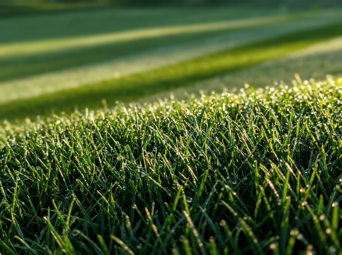 Close-up of a dense manicured natural lawn with mowing stripes