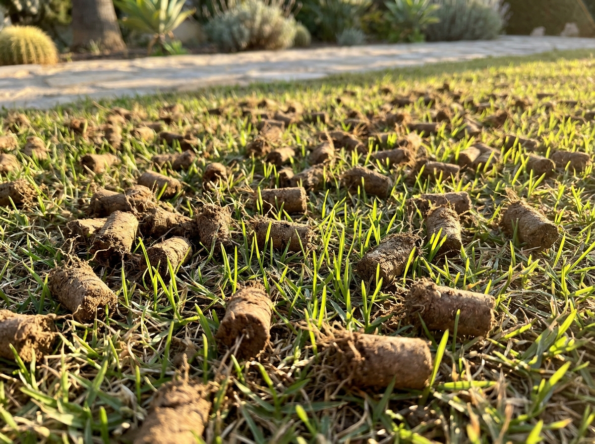 Core aeration plugs on a lawn undergoing overseeding renovation