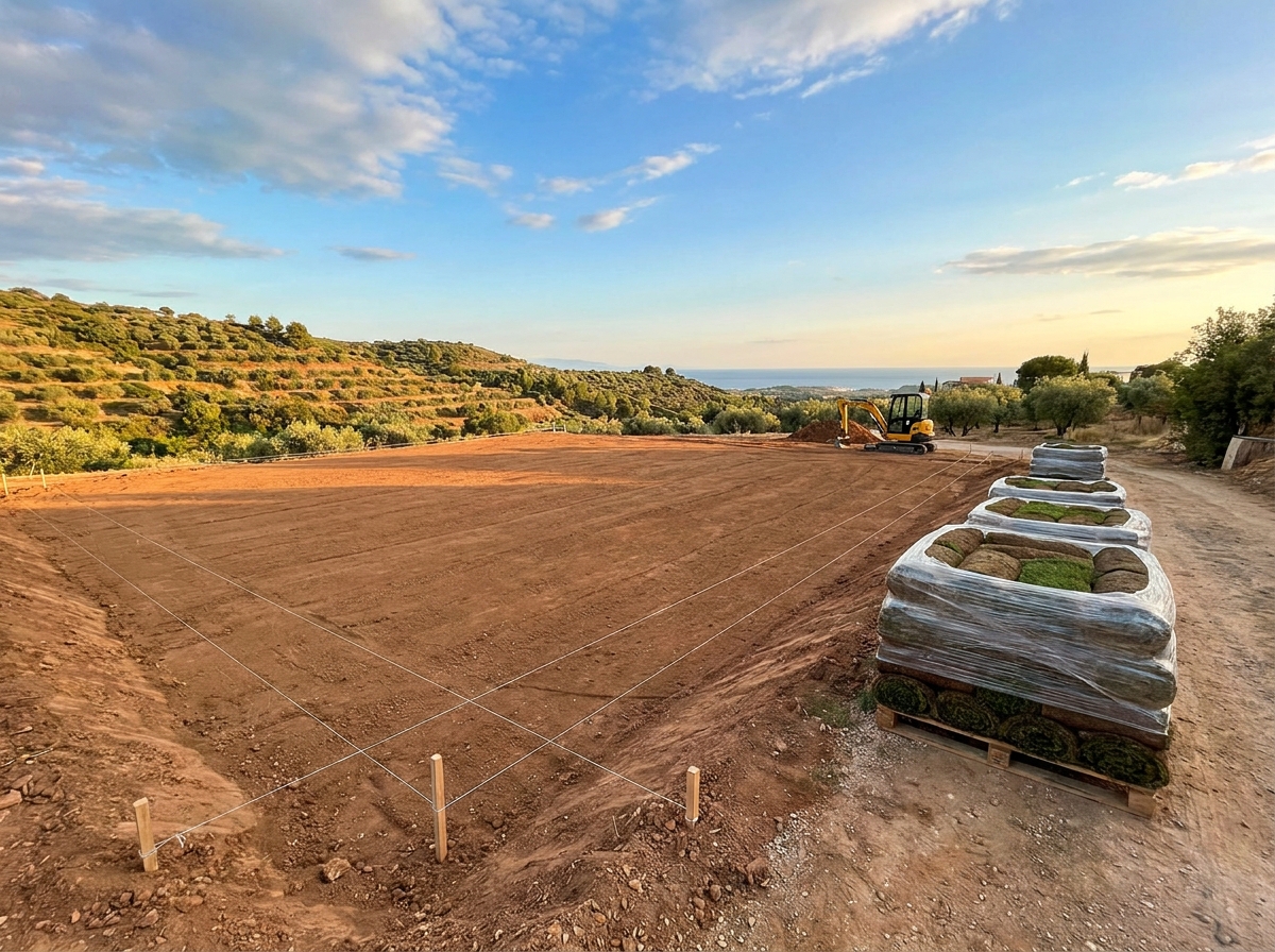Graded building plot with drainage string lines and rolled turf pallets ready for laying