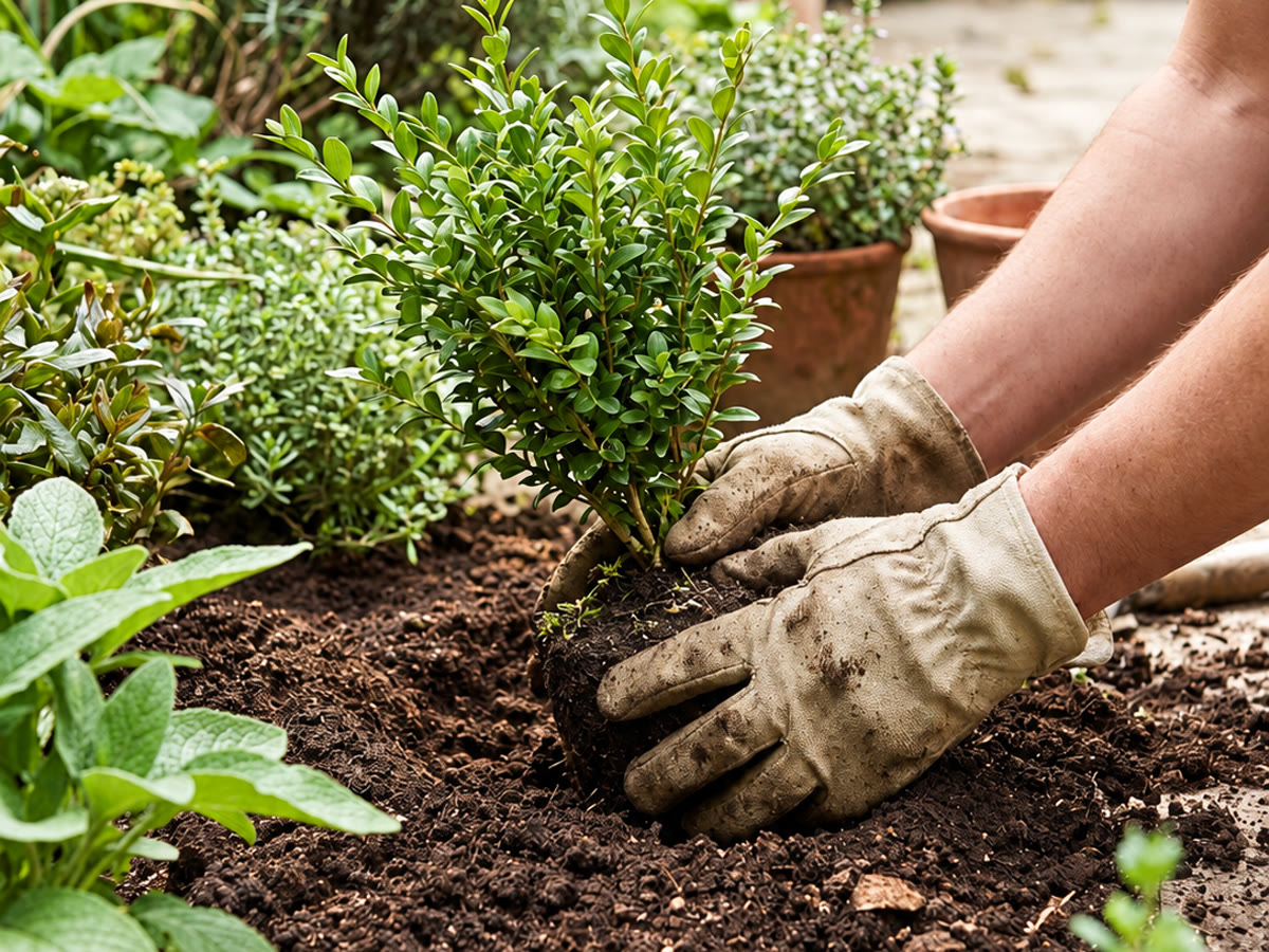 Gardener planting a boxwood shrub into freshly turned garden soil