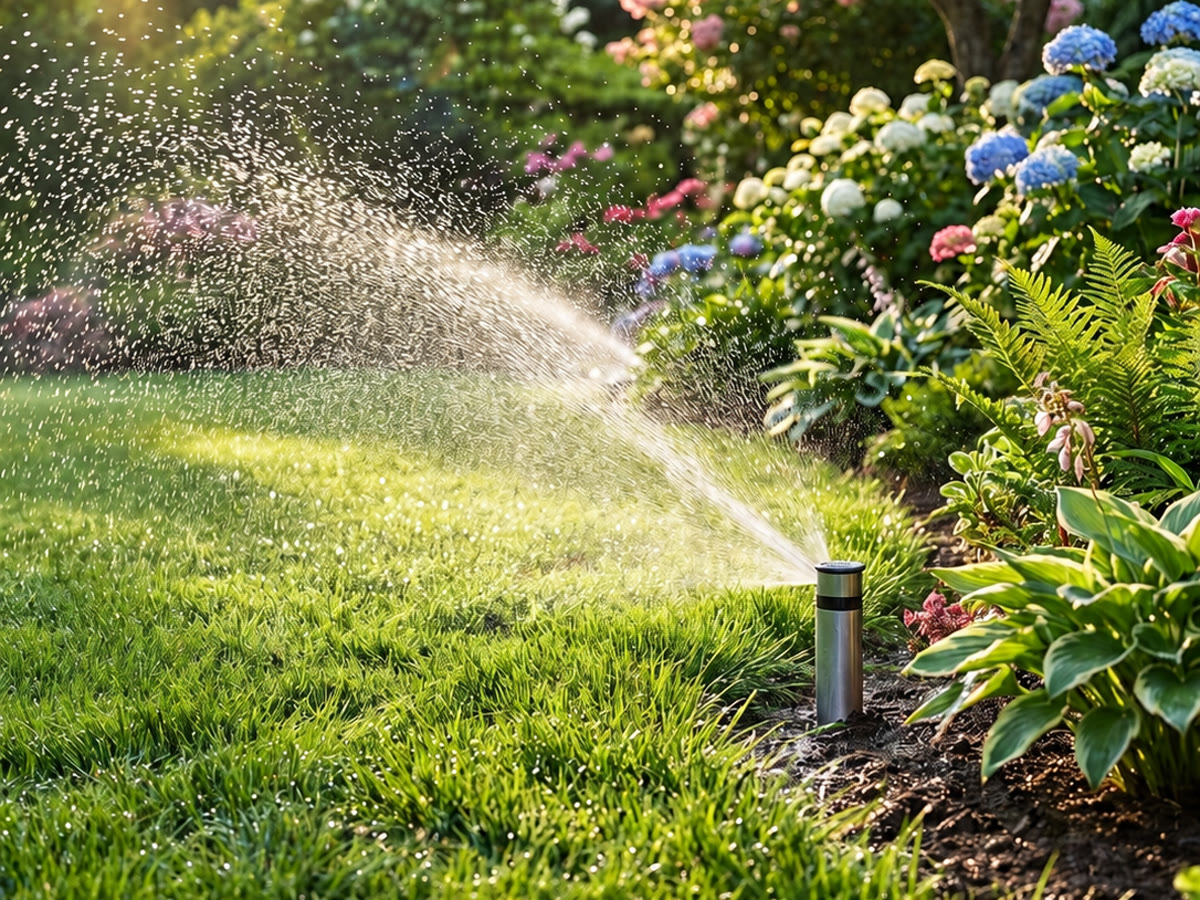 Automatic sprinkler irrigating a lawn beside a flowering hydrangea border