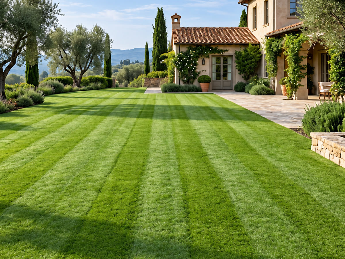 Freshly mown striped lawn in front of a Mediterranean villa