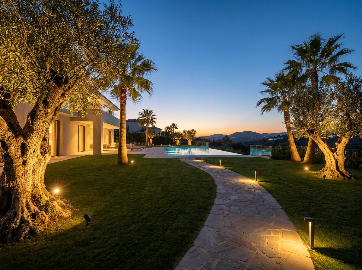 Warm low-voltage landscape lighting along a stone path and pool at a Costa del Sol villa at dusk