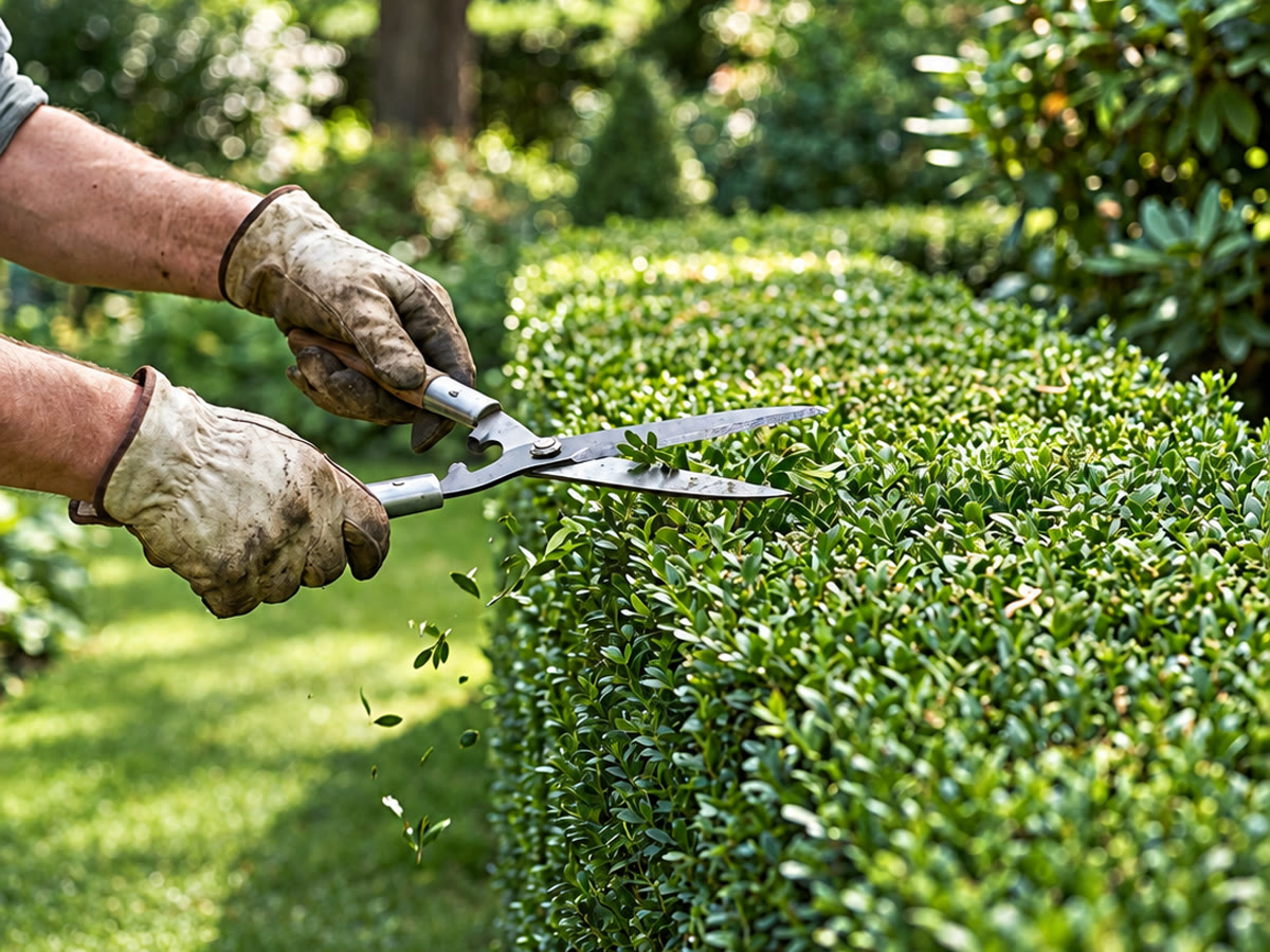 Gardener trimming a boxwood hedge with shears
