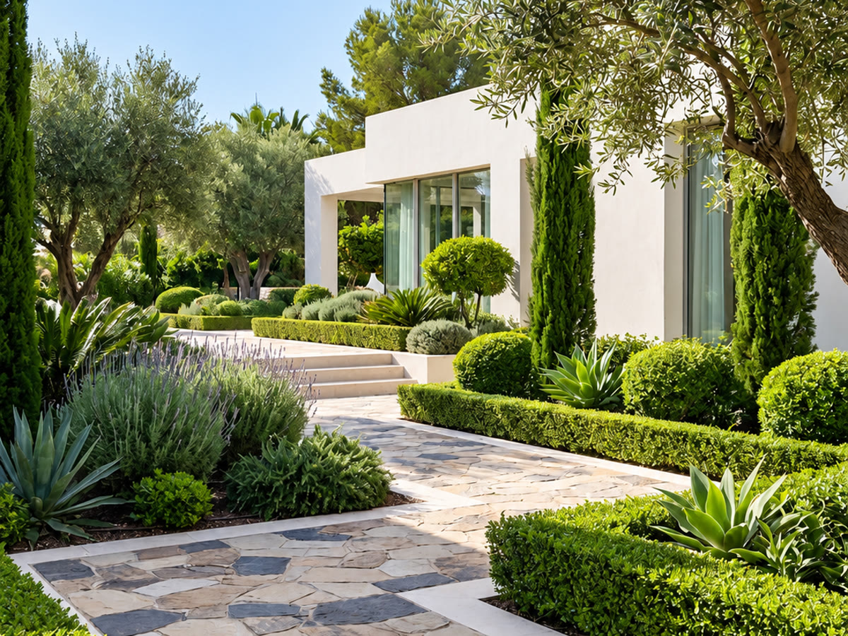 Natural stone paved pathway through a manicured Mediterranean villa garden
