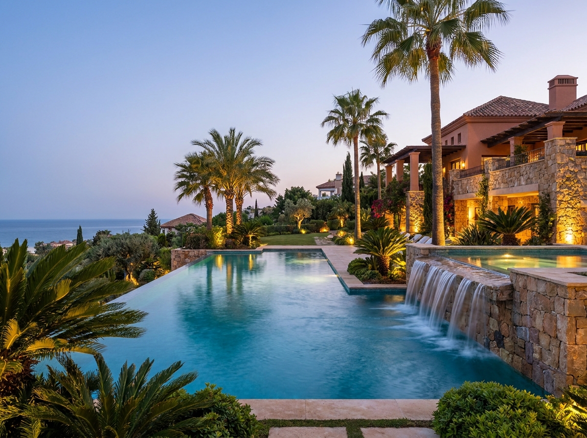 Poolside landscaping with planting and paving around an infinity pool in Marbella