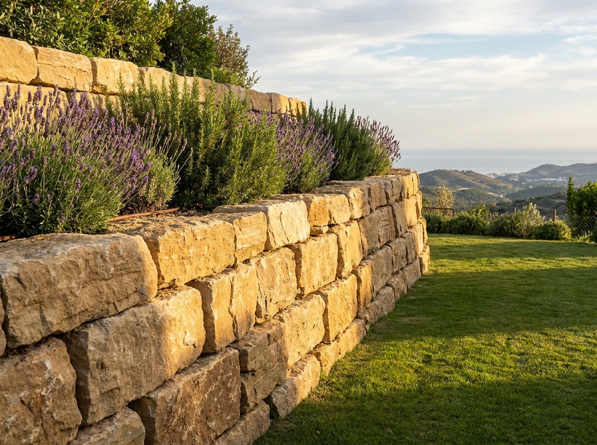 Natural stone retaining wall terracing a sloped Costa del Sol villa garden